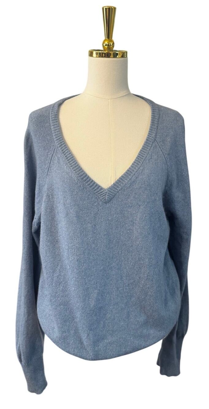 Reformation Heather Blue Oversized V-Neck Sweater, Cotton Cashmere Blend, Size M